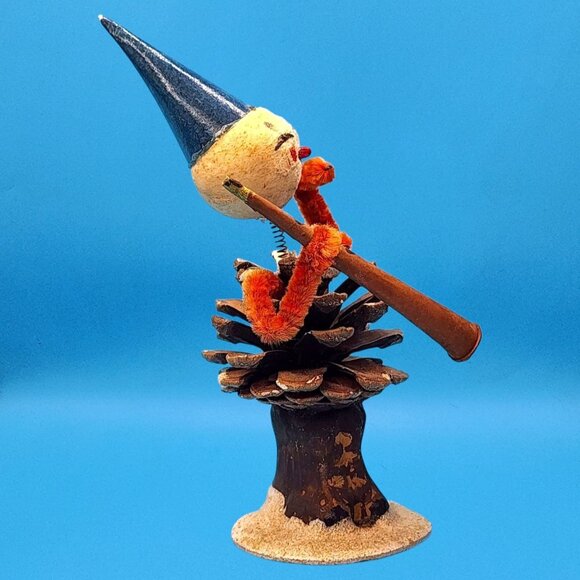 Vintage Bobblehead Elf Ornament Pinecone Body Spun Cotton Chenille Clarinet 50s - Picture 6 of 9